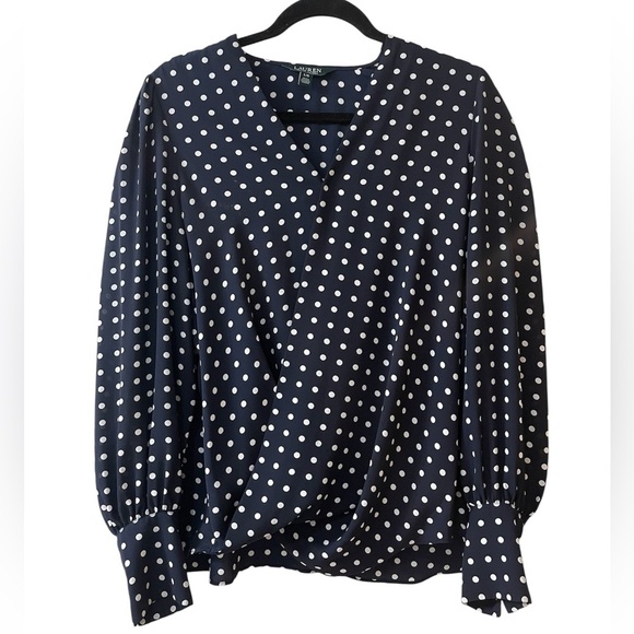 Lauren Ralph Lauren Tops - Lauren Ralph Lauren Navy Polka Dot Faux Wrap Long Sleeve Draped Blouse Large